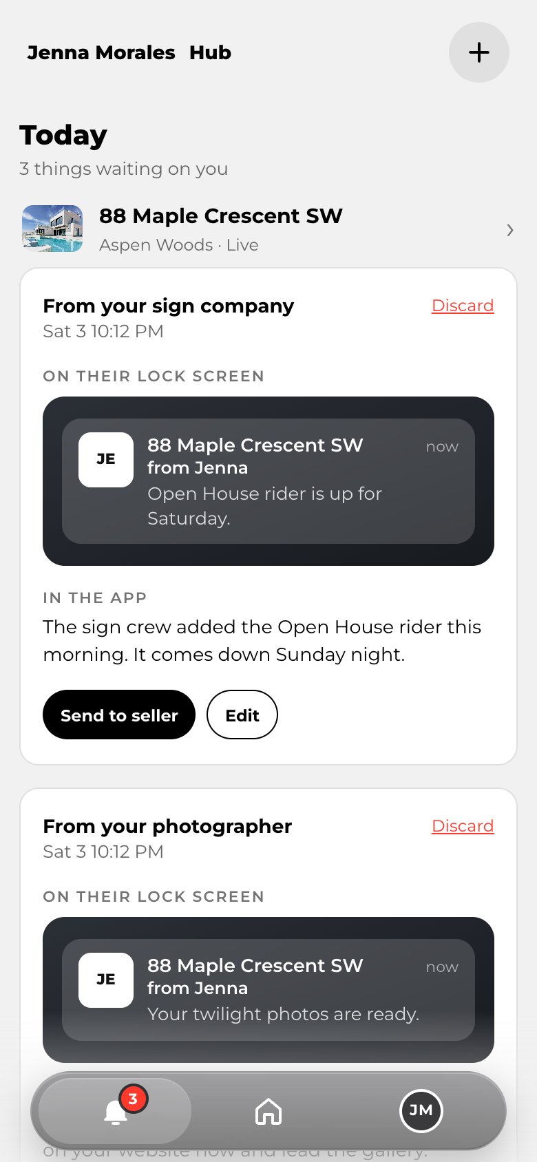 Your Today tab: a draft from your photographer's email and one from Follow Up Boss, each with Send to seller